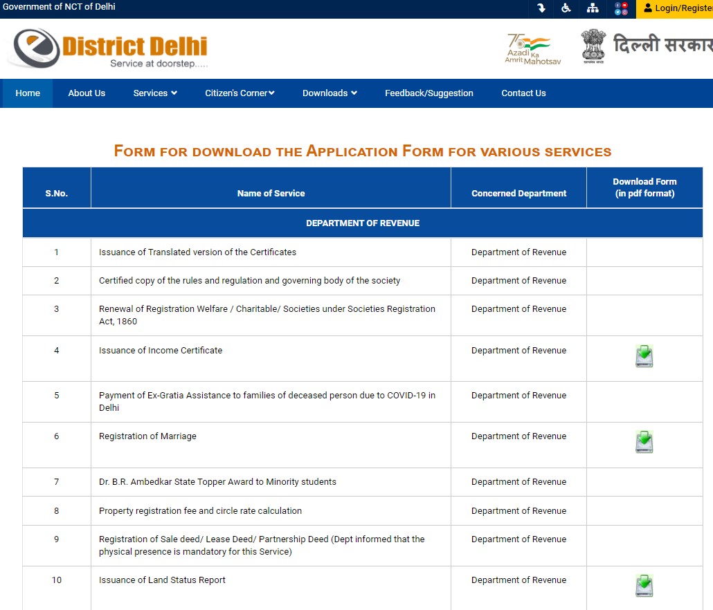 E District Delhi का Application Fees List 2025